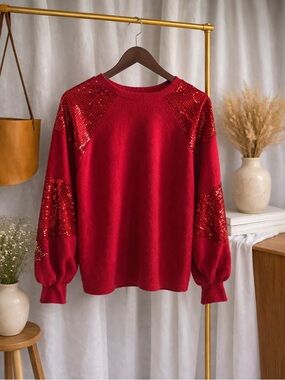 Red Sequin Accent Women's Sweater - Elegant Crewneck